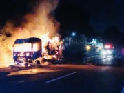 Carreta pega fogo na via Dutra e pista é interdita entre Guaratinguetá e Aparecida