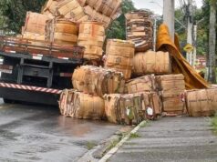 Carga de papelão cai de caminhão e provoca transtornos na Avenida Alexandre Fleming em Guaratinguetá