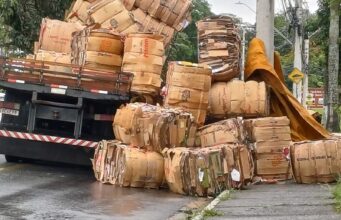 Carga de papelão cai de caminhão e provoca transtornos na Avenida Alexandre Fleming em Guaratinguetá