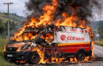 Ambulância furtada de base da CCR em Roseira é encontrada incendiada em Pindamonhangaba