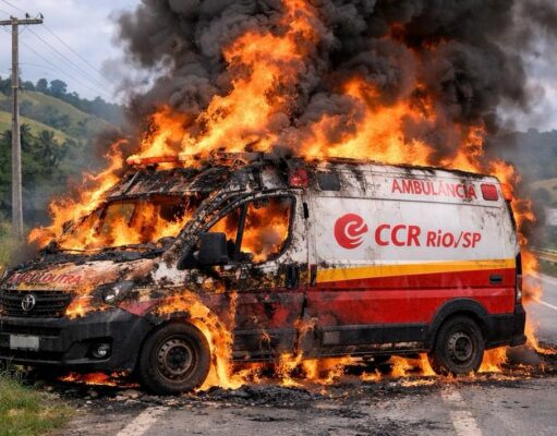 Ambulância furtada de base da CCR em Roseira é encontrada incendiada em Pindamonhangaba