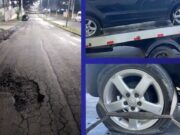 Motorista tem dois pneus estourados após passar em buraco gigantesco no Jardim do Vale em Guaratinguetá