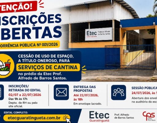 INSCRIÇÕES ABERTAS | CONCORRÊNCIA PÚBLICA: CESSÃO DE USO DE ESPAÇO, A TÍTULO ONEROSO, PARA SERVIÇOS DE CANTINA